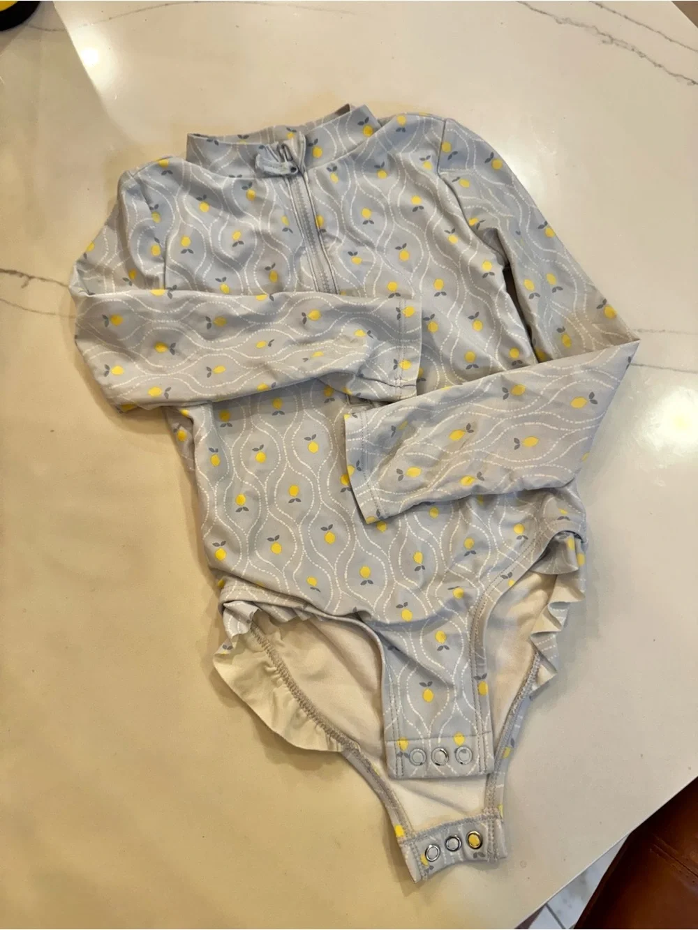 Kids Long-Sleeve One-Piece Swimsuit in lemon print 3T